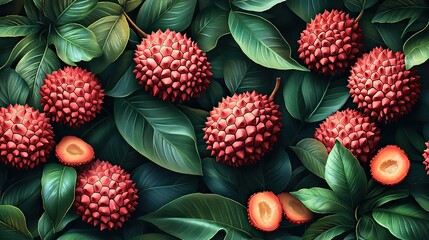 Fototapeta premium A seamless lychee pattern with leaves, a tropical fruit pattern for textile design, wallpaper, and packaging