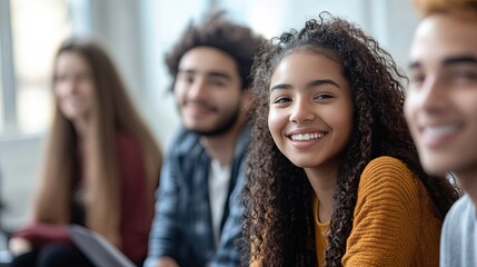 Obraz premium Diverse students friends in modern classroom