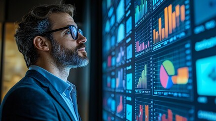 Fototapeta premium Male analyst observing digital graphs and financial data on a large screen with deep focus and concentration