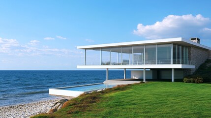 Fototapeta premium Modern Glass House Perched on a Hillside Overlooking the Ocean Surrounded by Green Grass and Clear Blue Sky
