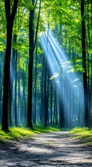 Obraz premium Sunbeams illuminate a path through a lush green forest, creating a mystical atmosphere. Light filters through the leaves, casting shadows on the