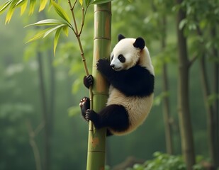 Obraz premium A panda bear with contrasting black and white fur sits under a lush bamboo tree, enjoying the fresh leaves, with the sun shining through the gaps in the leaves