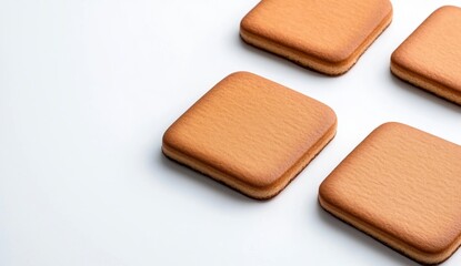 Four square brown cookies arranged on a white background. Close up, high angle view of the simple, light brown cookies, evenly spaced apart