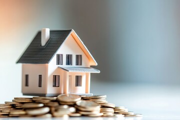 close-up of miniature house model placed on pile of coins symbolizing investment and financial growth