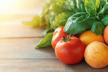 close-up of fresh fruits and vegetables at their prime on wooden table highlighting their natural colors and textures