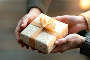 close-up of hands exchanging gift wrapped in festive paper symbolizing cherished family tradition