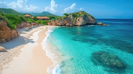Fototapeta premium A secluded beach paradise with white sand, turquoise water, turquoise lagoon, and lush green cliffs