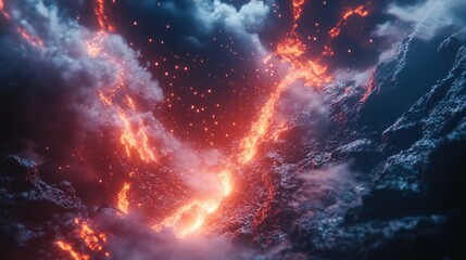 Fototapeta premium Inferno's Embrace: A Volcanic Eruption's Fiery Dance