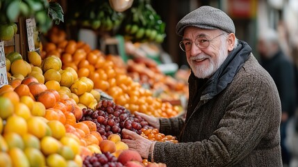 A senior man shopping for fresh fruit at a market stall