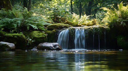 Glistening Waterfall Cascading Over Rocks in a Lush Forest Setting : Generative AI