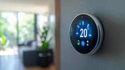 Modern Smart Thermostat Displaying Temperature in Contemporary Home Interior with Greenery