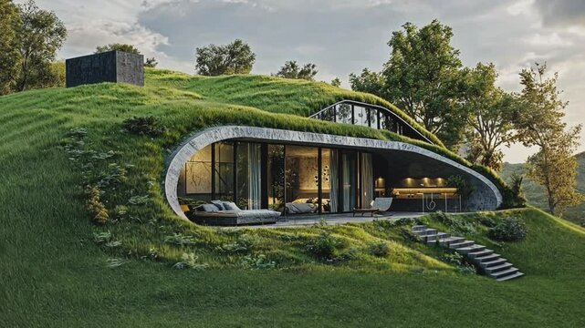 Modern Earth-Sheltered Home: A striking earth-sheltered home blends seamlessly with its natural surroundings.