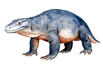 Obraz premium Detailed illustration of a large, gray blue lizard like creature with reddish brown underbelly, depicted in profile against a white background. The