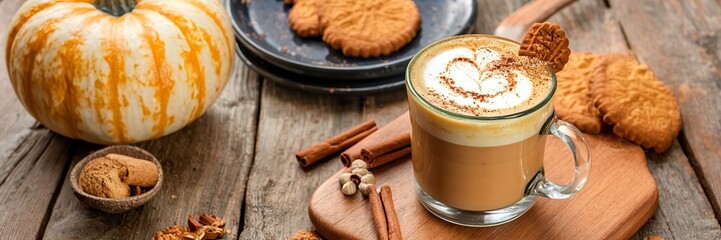 Pumpkin spice latte in a glass mug with cinnamon, nutmeg and cookies
