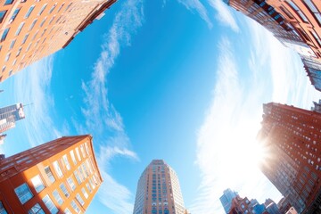 captivating fisheye perspective capturing bustling urban scene with vibrant colors and intriguing angles featuring
