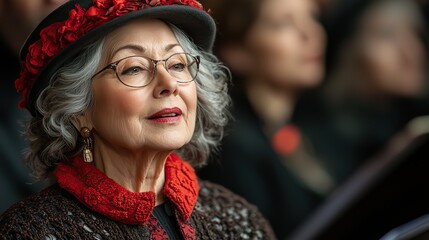 A senior woman singing in a choir with a red collar