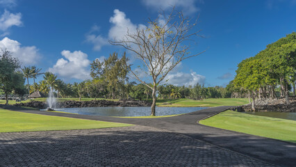Golf courses in the park. Green lawns and paved paths. Fountain in the lake. Tropical vegetation. Golf carts are visible in the distance, a canopy with a thatched roof. Mauritius.
