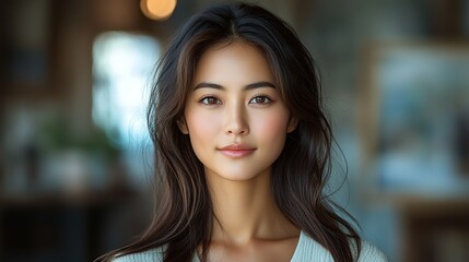 Obraz premium A serene Asian woman with a gentle smile showcasing natural beauty in a lush outdoor setting her calm expression radiates tranquility and warmth, perfect for lifestyle imagery