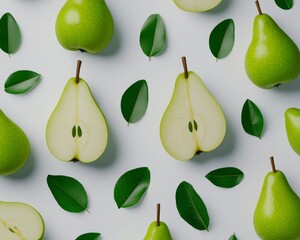Green pears and leaves arranged on a white background in a repeating pattern. The pears are whole and halved, showcasing their fresh and juicy