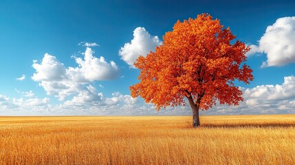 A serene autumn landscape featuring two vibrant orange trees against a backdrop of a clear blue sky and fluffy white clouds a golden field stretches endlessly, creating a peaceful atmosphere