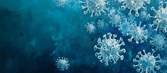 Microscopic View of Covid19 Virus Particles Floating in a Teal Blue Background Artistic Rendering
