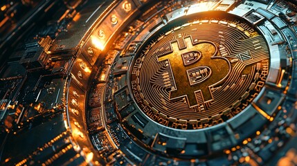 Fototapeta premium Golden Bitcoin Surrounded by Futuristic Circuitry in a Digital Crypto World Concept Image