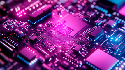 Obraz premium A circuit board illuminated by radiant light beams, symbolizing innovation, technology, and digital connections in the modern world