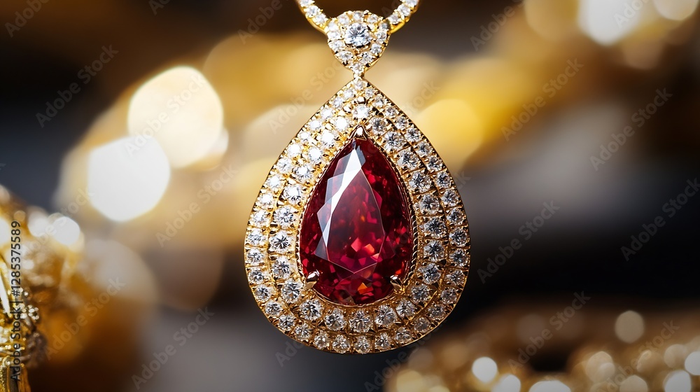 Poster exquisite gold and ruby pendant necklace close-up with gems : generative ai
