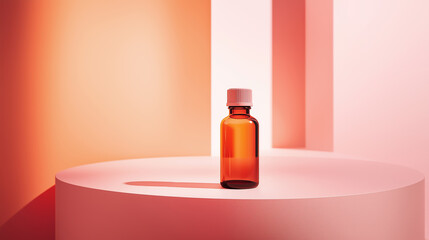 Product shot of a bottle of medicine,Glass bottle with blank label on a stand with a multi-colored striped pattern background, representing health and beauty products.