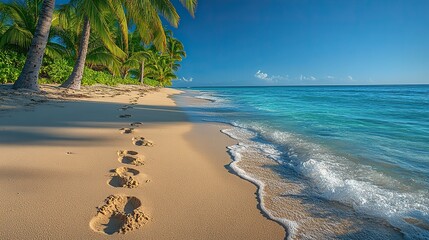 A serene beach scene with footprints in the sand leading to the ocean, surrounded by palm trees and a clear blue sky the tranquil atmosphere evokes a sense of peace and relaxation