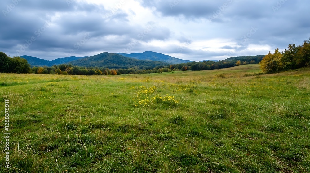 Aufkleber vast green meadow under a cloudy sky with distant mountains in the background : generative ai
