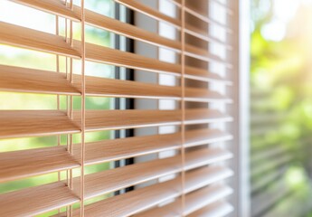 Close up of light beige wooden window blinds partially open, showing a blurred green background of natural light and foliage. Soft, natural lighting