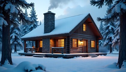 Cozy log cabin, snowy winter scene, warm glowing windows, pine trees, dusk lighting, atmospheric, peaceful, rustic architecture, wooden porch, chimney smoke, holiday retreat, forest setting