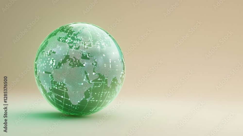 Poster pulsating digital green globe with map lines and connection dots