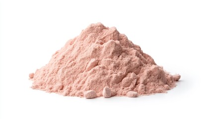 Close up view of a pile of light pink powder on a white background. The texture appears fine and slightly grainy. The powder is softly lit, creating