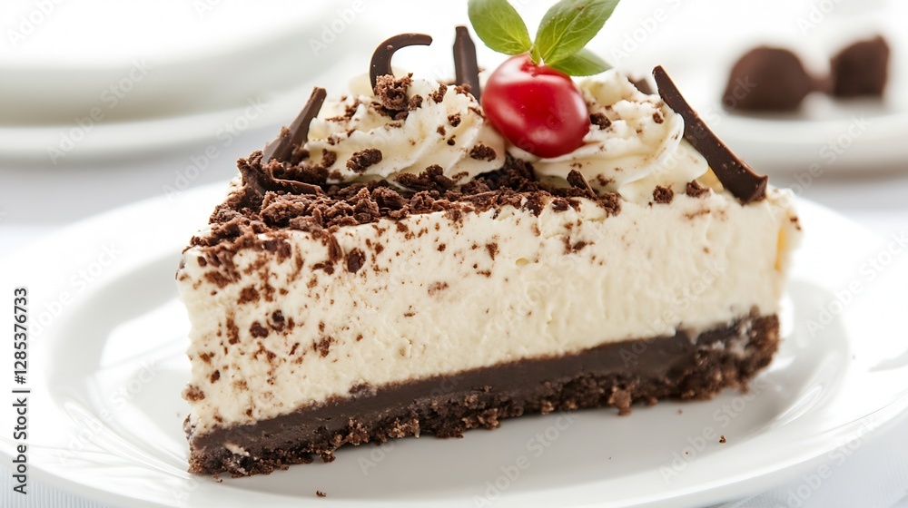 Poster decadent chocolate and cream slice of cake with cherry garnish on plate : generative ai
