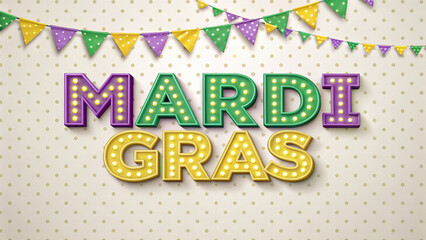 Mardi Gras Lightbulb Text with Purple, Green, and Gold Flags on Polka-Dot Background