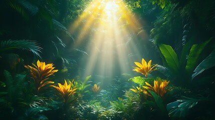 Obraz premium Sunbeams Illuminate Lush Tropical Jungle Foliage