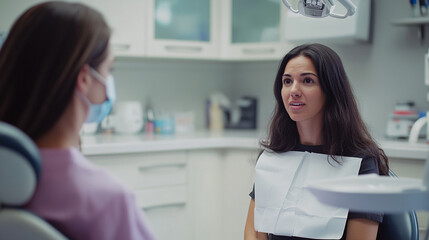 Young woman at dentist appointment consultation talking healthcare oral teeth clean dental office