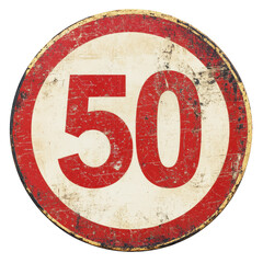 Isolated Rustic Speed Limit 50 Road Sign with Weathered Texture: Transportation