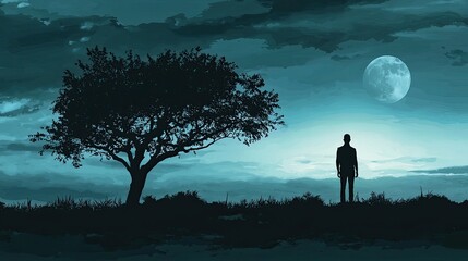 A solitary figure stands under the moonlit sky near tree