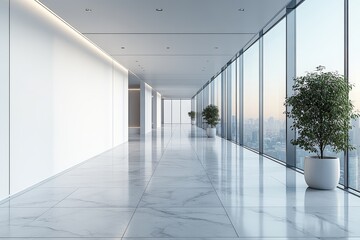 Fototapeta premium Modern Office Corridor Marble Floor City View