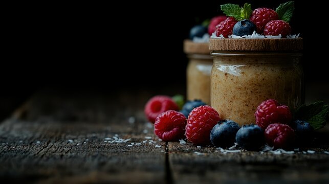 Healthy dessert jars, raspberries, blueberries, wood table, dark background