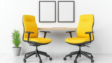 Obraz premium Two yellow office chairs face each other across a minimalist desk with blank frames on a white wall. A small plant sits in a pot on the floor