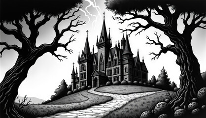 Gothic mansion stands on a hill during a lightning storm