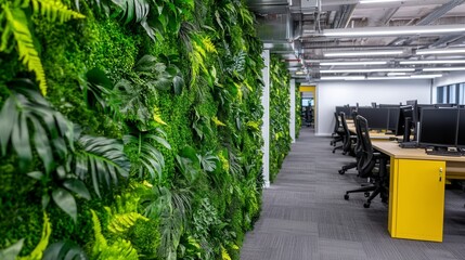 Modern office interior with a vibrant green living wall, yellow desks, and grey carpeting. Natural light illuminates the space, creating a calming