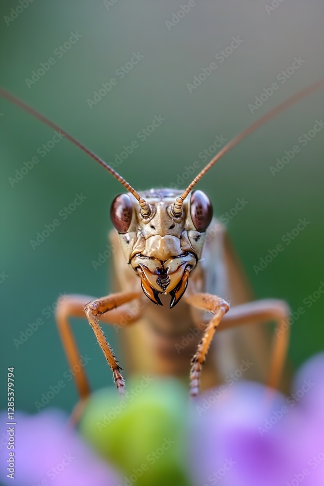 Poster Extreme close up of a grasshopper face showing intricate details and vivid colors in nature : Generative AI