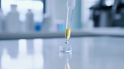 Lipid research demonstrated through a close-up of a single dropper bottle on a white desk. Featuring clarity and simplicity