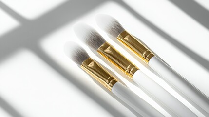 Fototapeta premium three white and golden cosmetic brushes isolated over a white background, subtle shadows