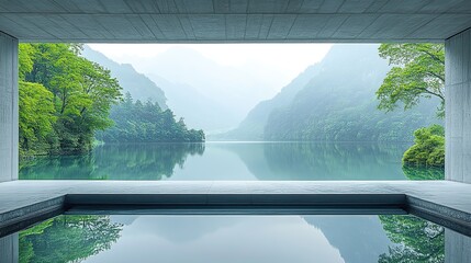 A serene landscape framed by a modern structure showcasing a tranquil lake and mountains The scene evokes calmness and inspiration, perfect for a motivational setting